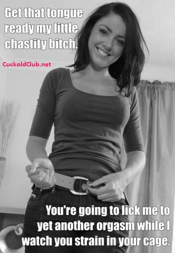 Chastity husband licks caption